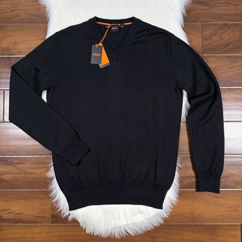Hugo Boss Men's Size Large Black Amac Wool Blend Knit V Neck Pullover Sweater